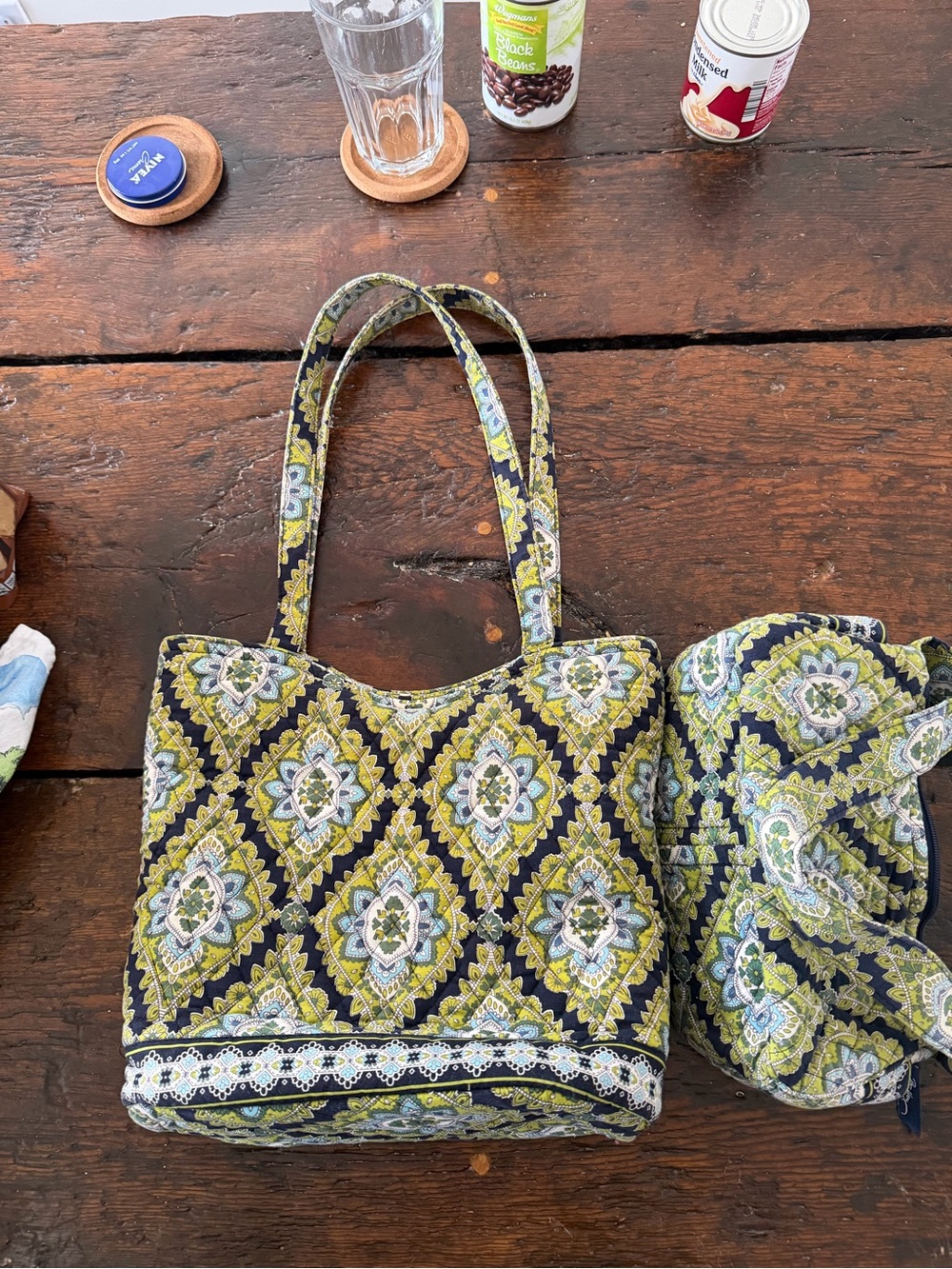 Vintage Vera Bradley Olive Green and Navy Quilted Tote Set - 2 Piece!